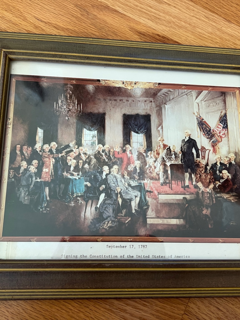 Vintage framed print of the signing of the constitution of the USA